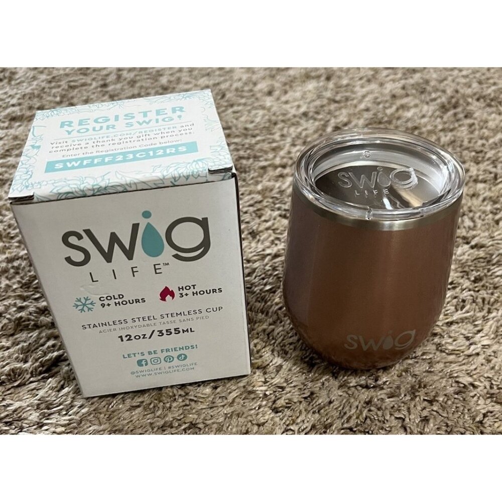 NIB Swig Life Stainless Steel Stemless Wine Cup Shimmer Rose Gold 12oz